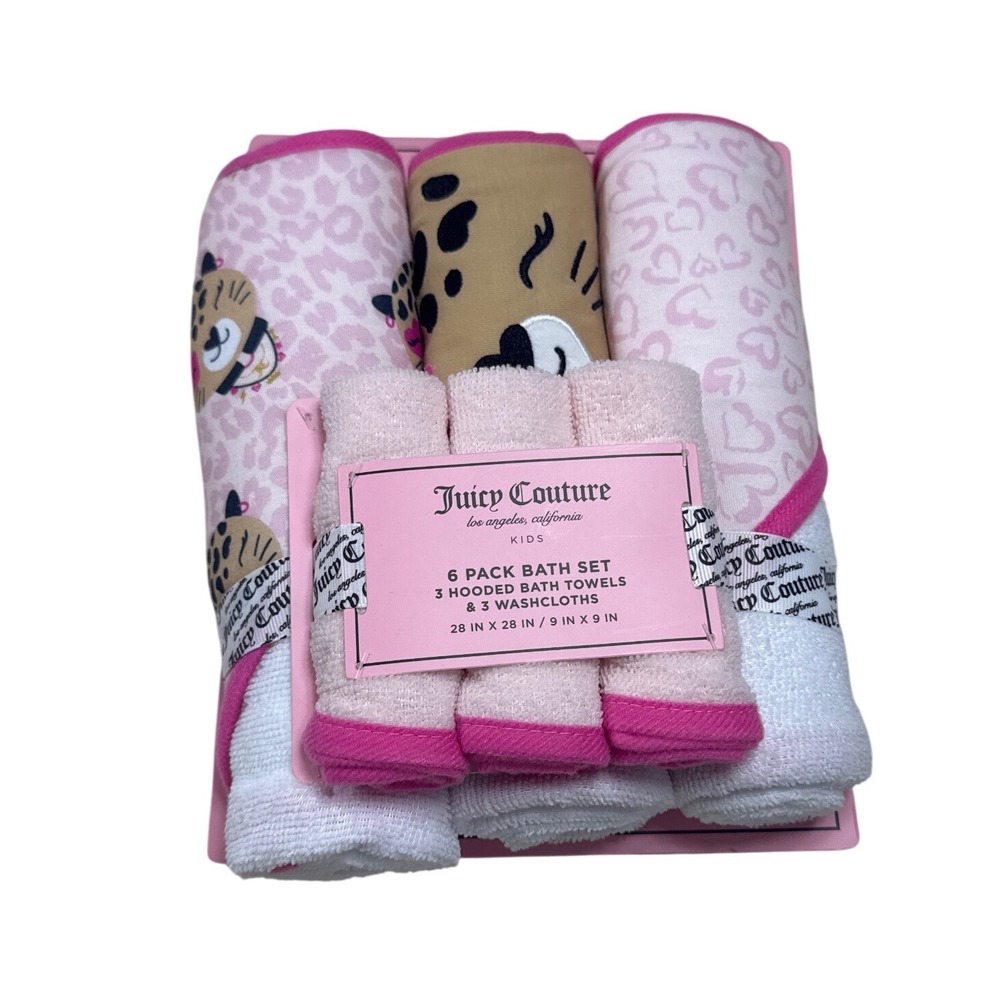 Juicy Couture Kids 6 Pack Bath Set 3 Hooded Bath Towels 3 Washcloths‎ Pink White